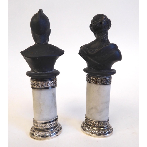 190 - A pair of Wedgwood basalt classical busts, on silver coloured metal pedestals  stamped Wedgwood  3.5... 