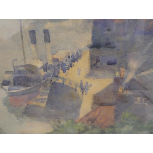 202 - F Richards - a moored vessel in an industrial setting  watercolour  bears a signature ... 