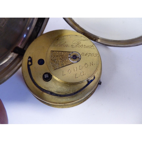 205 - A silver cased pocket watch, faced by a floral engraved and gilded Roman dial, on a silver curb link... 