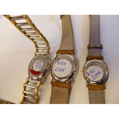 211 - Three ladies modern Bugatti wristwatches, one of oval form, faced by a pigskin strap