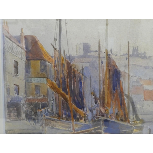 216 - ED Percival - boats moored at Whitby  watercolour  bears a signature & labels verso&nb... 