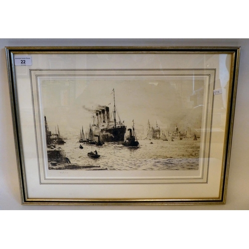 22 - After WL Wyllie - 'Shipping in a working harbour'  etching  bears a pencil signature ... 