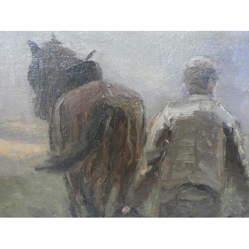 221 - JW En*th - a lone farmer ploughing his field  oil on board  bears an indistinct signature&... 