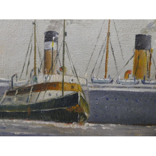 227 - Leckie - a passenger liner approaching its berth at Liverpool  oil on board  bears a signa... 