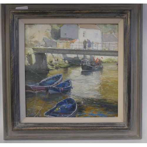 231 - DJ Curtis - 'Conversation on the Bridge Staithes'  oil on board  bears a signature & l... 