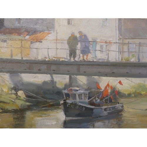 231 - DJ Curtis - 'Conversation on the Bridge Staithes'  oil on board  bears a signature & l... 