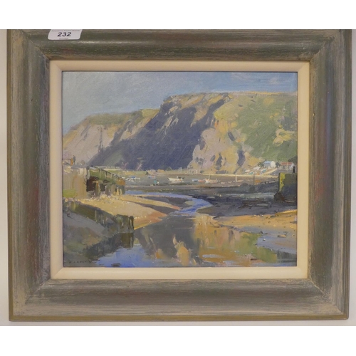 232 - DJ Curtis - 'Staithes Harbour'  oil on board  bears a signature & labels verso  9