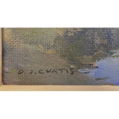 232 - DJ Curtis - 'Staithes Harbour'  oil on board  bears a signature & labels verso  9