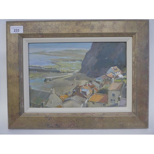 233 - DJ Curtis - a coastal village  oil on board  bears a signature & dated '03  7.5