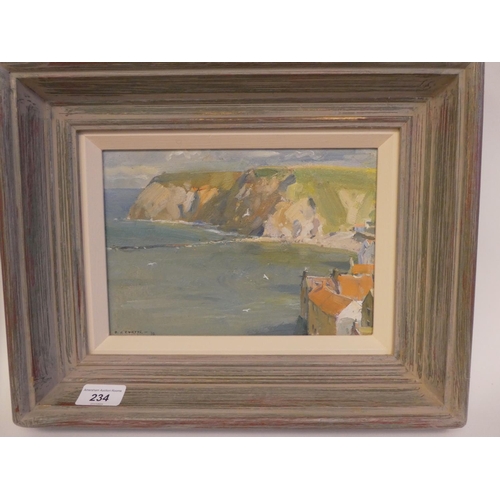 234 - DJ Curtis - 'A Calm Sea Staithes'  oil on board  bears a signature & dated '98  bears a label ve... 