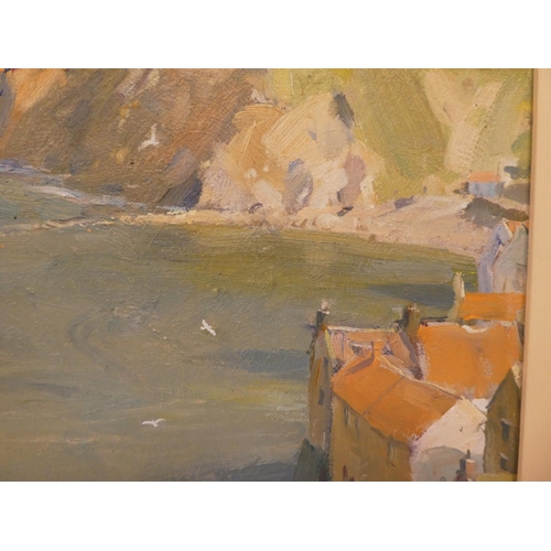 234 - DJ Curtis - 'A Calm Sea Staithes'  oil on board  bears a signature & dated '98  bears a label ve... 