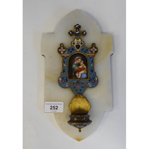 252 - A champlevé enamel Holy Water plaque, on an onyx backplate, incorporating the Madonna and child  11