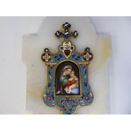 252 - A champlevé enamel Holy Water plaque, on an onyx backplate, incorporating the Madonna and child  11