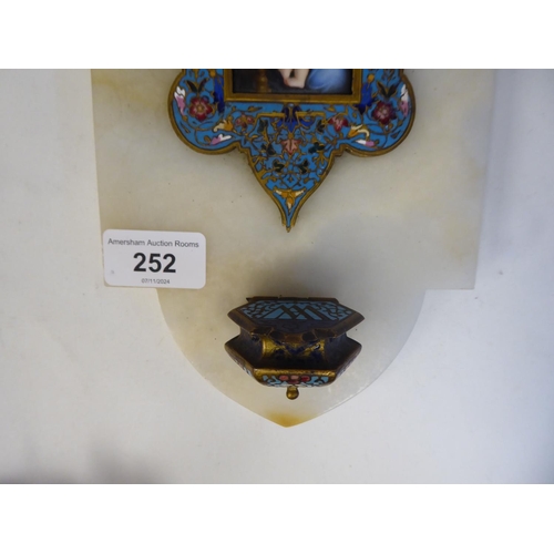 252 - A champlevé enamel Holy Water plaque, on an onyx backplate, incorporating the Madonna and child  11