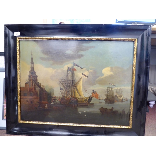 257 - 18th/19thC Flemish School - ships at anchor and figures embarking in the foreground  oil on can... 