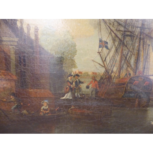 257 - 18th/19thC Flemish School - ships at anchor and figures embarking in the foreground  oil on can... 