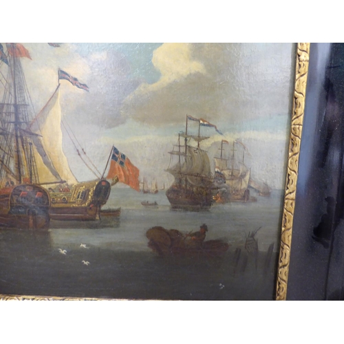 257 - 18th/19thC Flemish School - ships at anchor and figures embarking in the foreground  oil on can... 