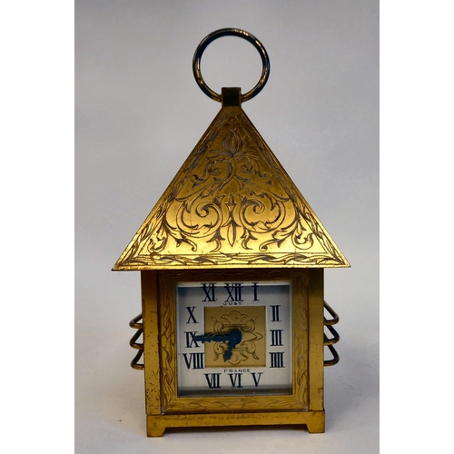 264 - A French Garley Inc Just gilt metal cased mantel clock, in the form of a four pitched roof, over a s... 