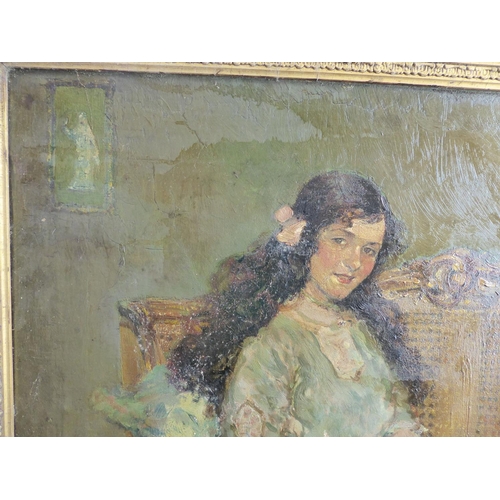 273 - Willy Pogany - an Edwardian study, a young lady, seated reading with her dog beside, on a giltwood s... 