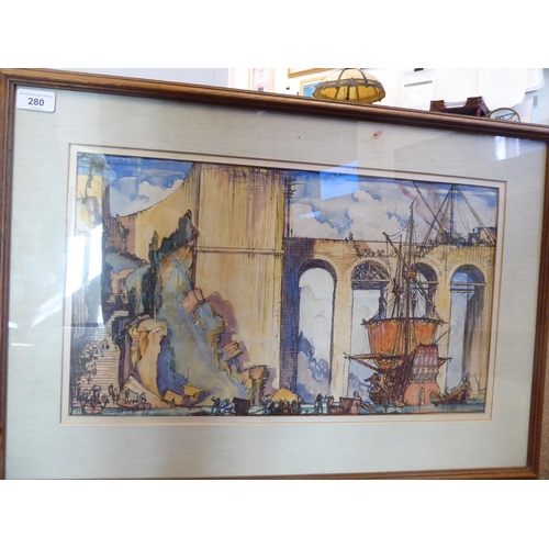 280 - After Sir Frank Brangwyn - 'The Bridge of Empire'  hand coloured trial proof for the illustrati... 