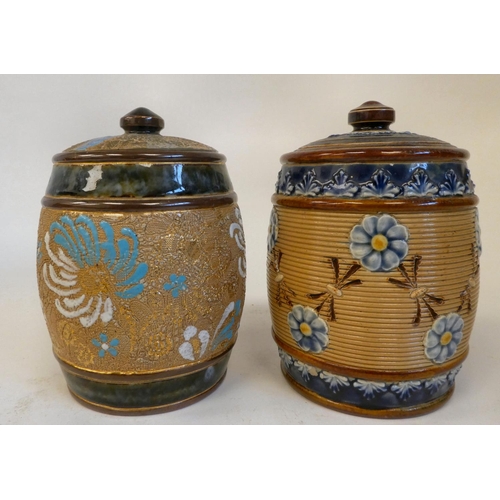 29 - Two Royal Doulton stoneware tobacco jars with covers, one decorated in Slaters Patent with painted a... 