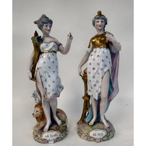 298 - A pair of mid 19thC Meissen porcelain figures, 'La Terre' and 'Le Feu'  each 8