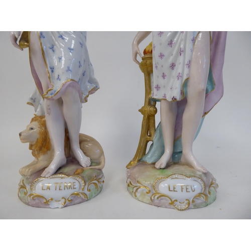 298 - A pair of mid 19thC Meissen porcelain figures, 'La Terre' and 'Le Feu'  each 8