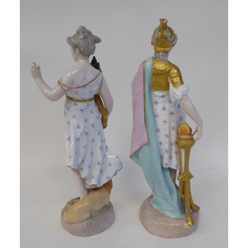 298 - A pair of mid 19thC Meissen porcelain figures, 'La Terre' and 'Le Feu'  each 8