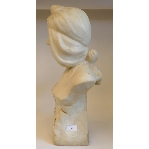 3 - An Art Nouveau carved white marble bust, a maiden with her hair tied back and ornamented with traili... 