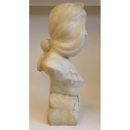 3 - An Art Nouveau carved white marble bust, a maiden with her hair tied back and ornamented with traili... 