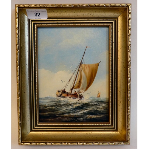 32 - Philip Marchington - a single mast sailing ship, on a choppy sea  oil on board  bears a si... 