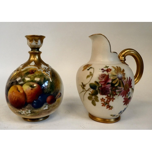 34 - A Royal Worcester china, spherical bottle vase with a cup lip, decorated with soft fruit and gilding... 