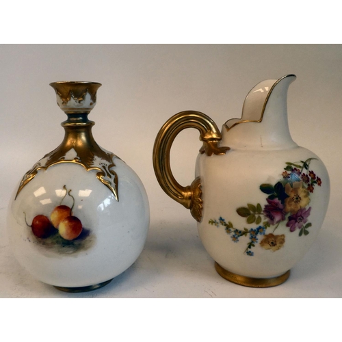 34 - A Royal Worcester china, spherical bottle vase with a cup lip, decorated with soft fruit and gilding... 