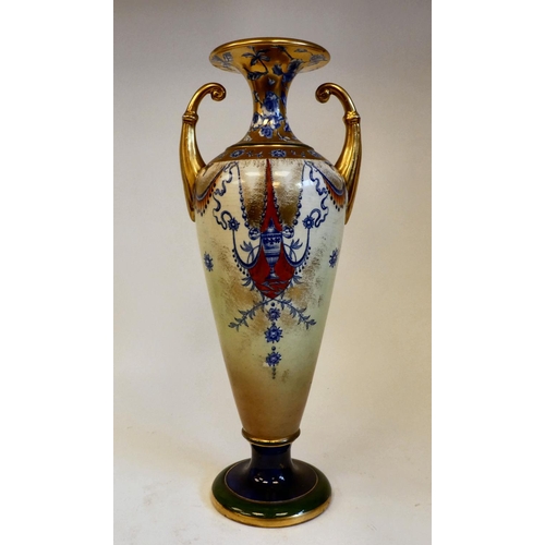 39 - A late 19thC Forester's Indianesque china twin handled vase of slender, tapered, baluster form with ... 