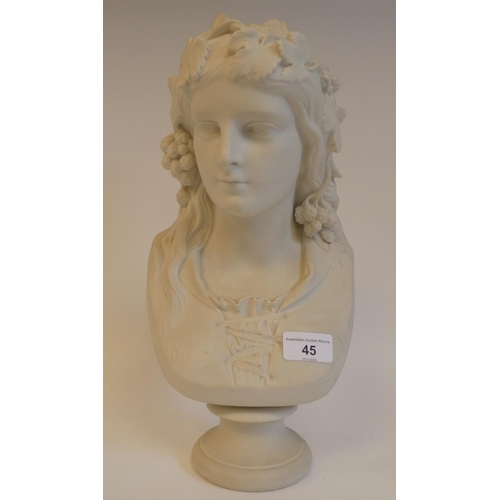 45 - A Copeland Parianware bust 'Hop Queen' a maiden with hops in her hair, the socle impressed Ceramic a... 