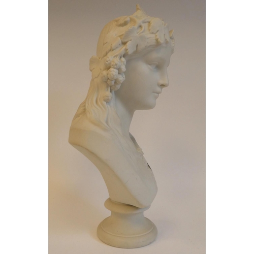 45 - A Copeland Parianware bust 'Hop Queen' a maiden with hops in her hair, the socle impressed Ceramic a... 