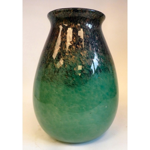 48 - A Moncrieff Monart glass vase of tapered, bulbous form with a flared rim, decorated in opaque green ... 