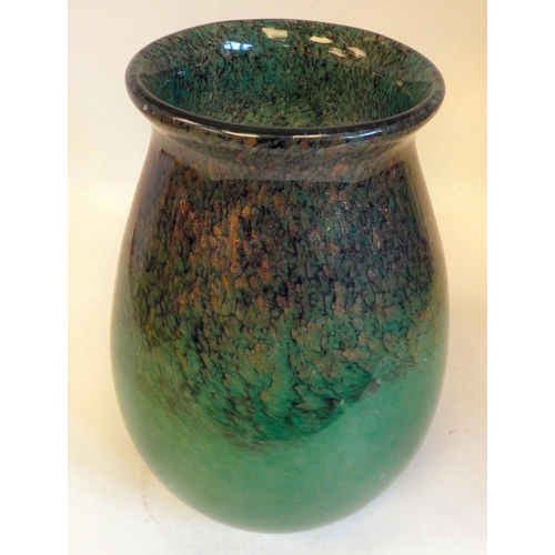 48 - A Moncrieff Monart glass vase of tapered, bulbous form with a flared rim, decorated in opaque green ... 