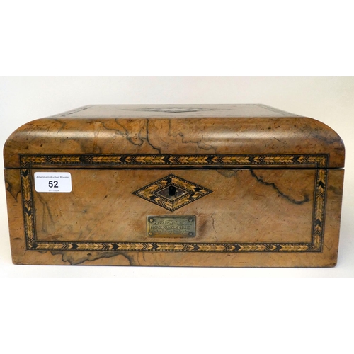 52 - A late Victorian figured walnut, feather and mother-of-pearl inlaid writing box, the angled, hinged ... 