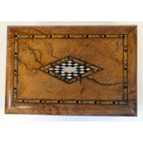 52 - A late Victorian figured walnut, feather and mother-of-pearl inlaid writing box, the angled, hinged ... 