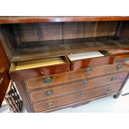 53 - An early 19thC satinwood inlaid, mahogany linen press with a pierced, fretworked cornice, over two p... 