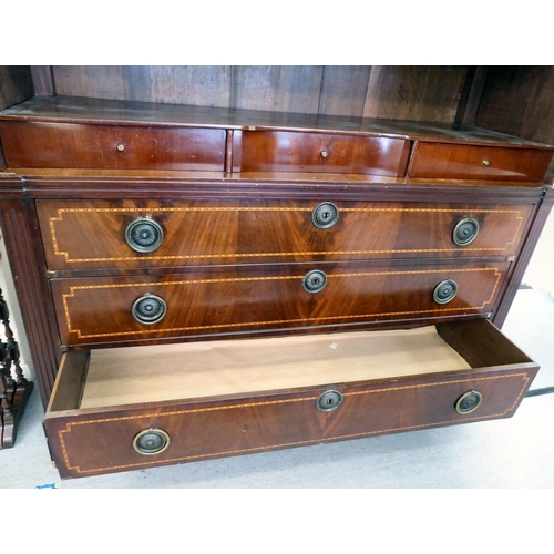 53 - An early 19thC satinwood inlaid, mahogany linen press with a pierced, fretworked cornice, over two p... 