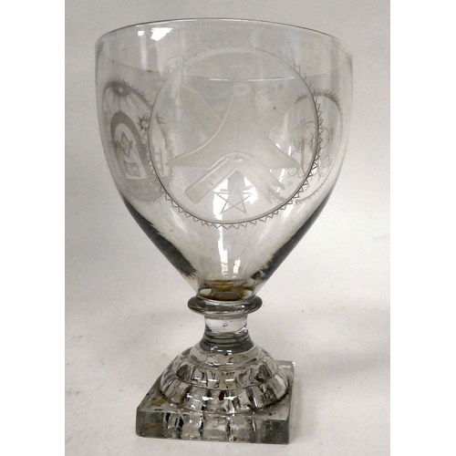 75 - An early 20thC rummer, the glass engraved with initials and various Masonic devices