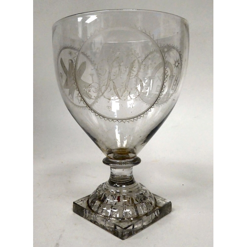 75 - An early 20thC rummer, the glass engraved with initials and various Masonic devices