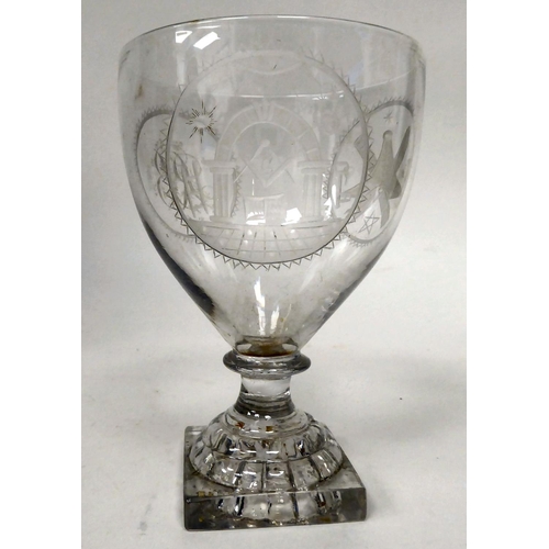 75 - An early 20thC rummer, the glass engraved with initials and various Masonic devices