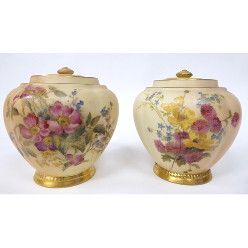 84 - A matched pair of Royal Worcester blush ivory glazed and gilded china jars of melon design, decorate... 