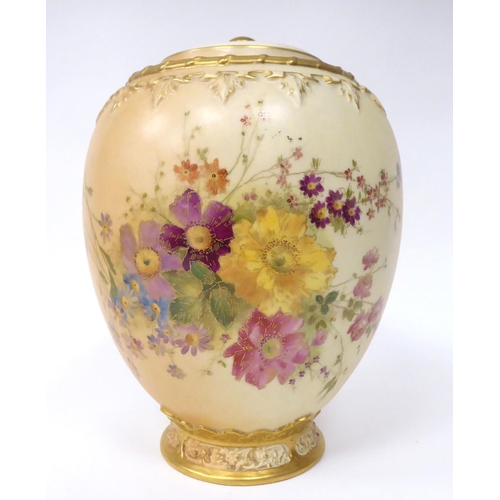 85 - A Royal Worcester blush ivory glazed and gilded china jar of baluster form, decorated with mixed flo... 