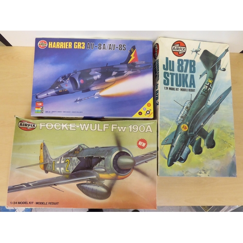 104 - Three Airfix model kits, viz. a 'Junkers Ju 87D-2'; a 'Harrier GR3; and a 'Focke-Wulf'  boxed  (comp... 