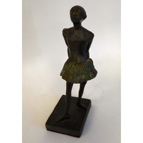 105 - A modern painted and patinated bronze figure, a ballerina, on a square plinth  10.5