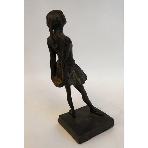 105 - A modern painted and patinated bronze figure, a ballerina, on a square plinth  10.5